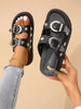 Women's Comfortable Fashionable Round Toe Black Sandals With Double Buckle, Double Layered Thick Platform And Wedge Heel, Open Toe Valentines